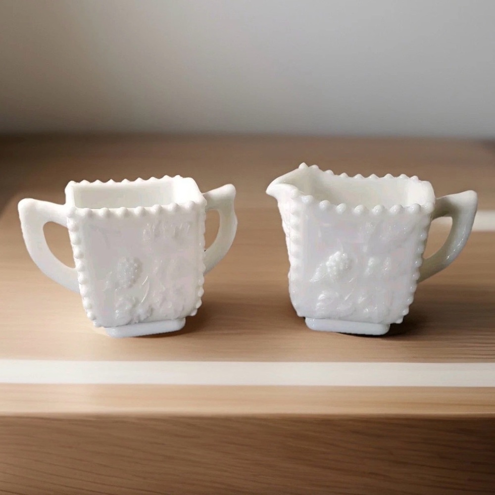 UV Reactive Westmoreland Paneled Grape Milk Glass Beaded Square Creamer Sugar